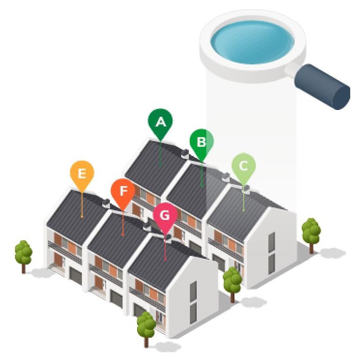 Illustration showing a magnifying glass hovering over two rows of houses, which each have an EPC label from A to G.
