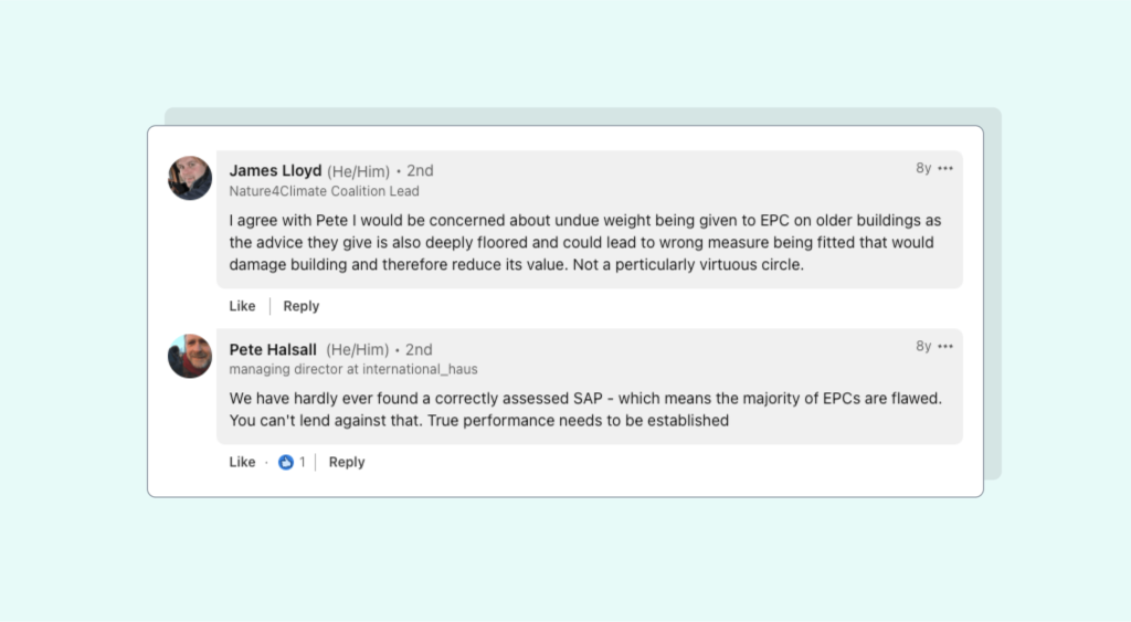 Screenshot from a LinkedIn conversation on a post announcing the launch of the UKGBC LENDER report – suggesting that EPC data is inaccurate. 
