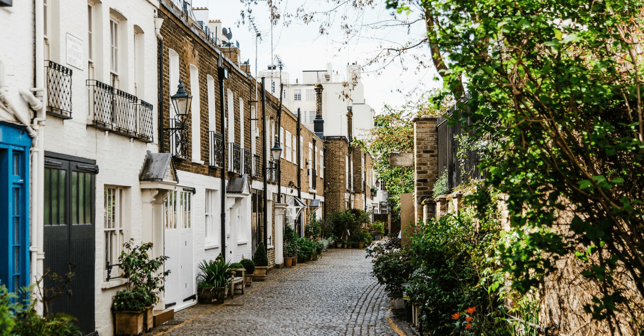 Photograph of a leafy, cobbled street in the UK lined with terraced houses.