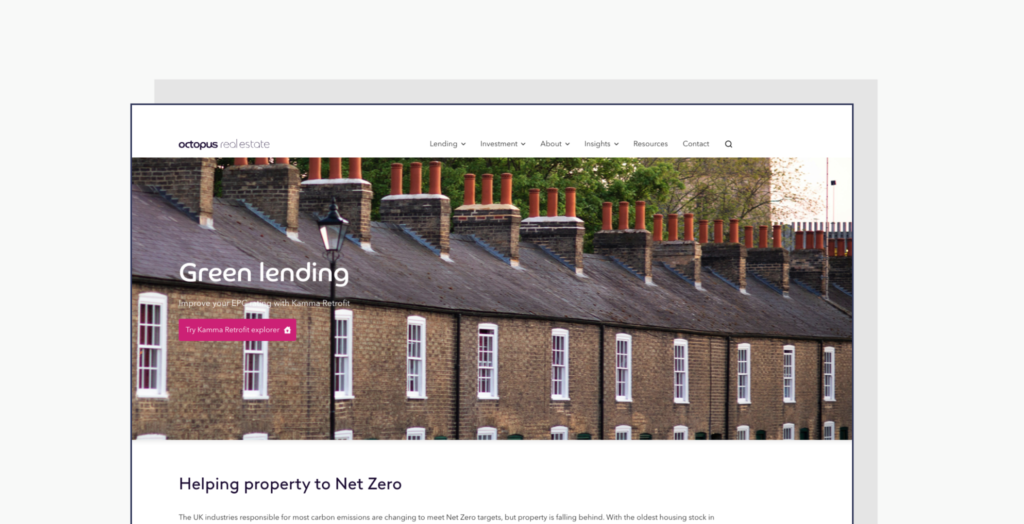 Screenshot showing the 'green lending' webpage of the Octopus Real Estate website
