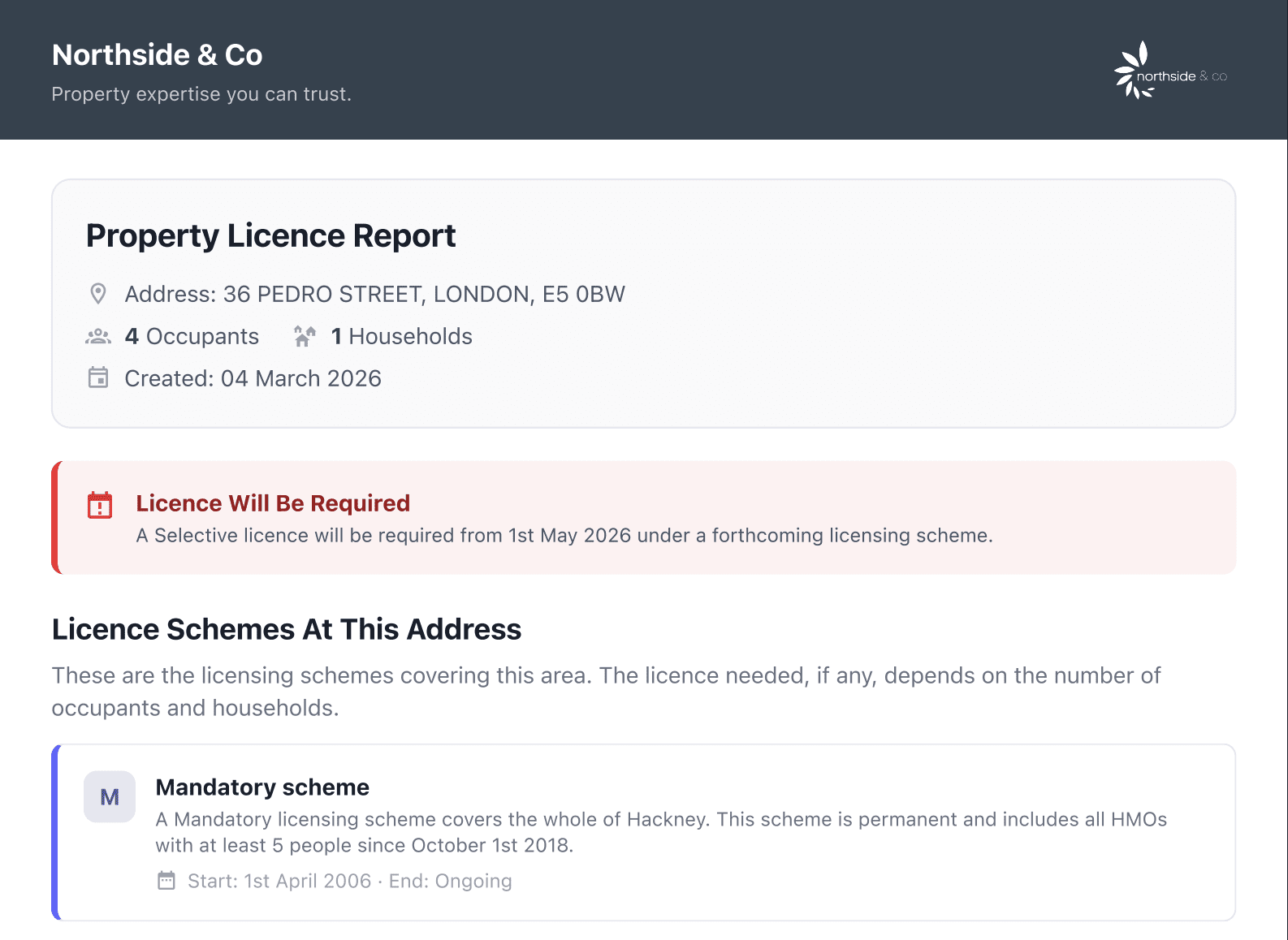 Kamma Quick Check — instant property licensing report showing licence requirements for a UK property