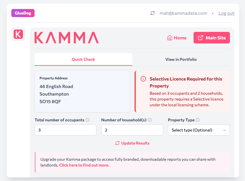 Kamma licensing status shown inside a CRM property record