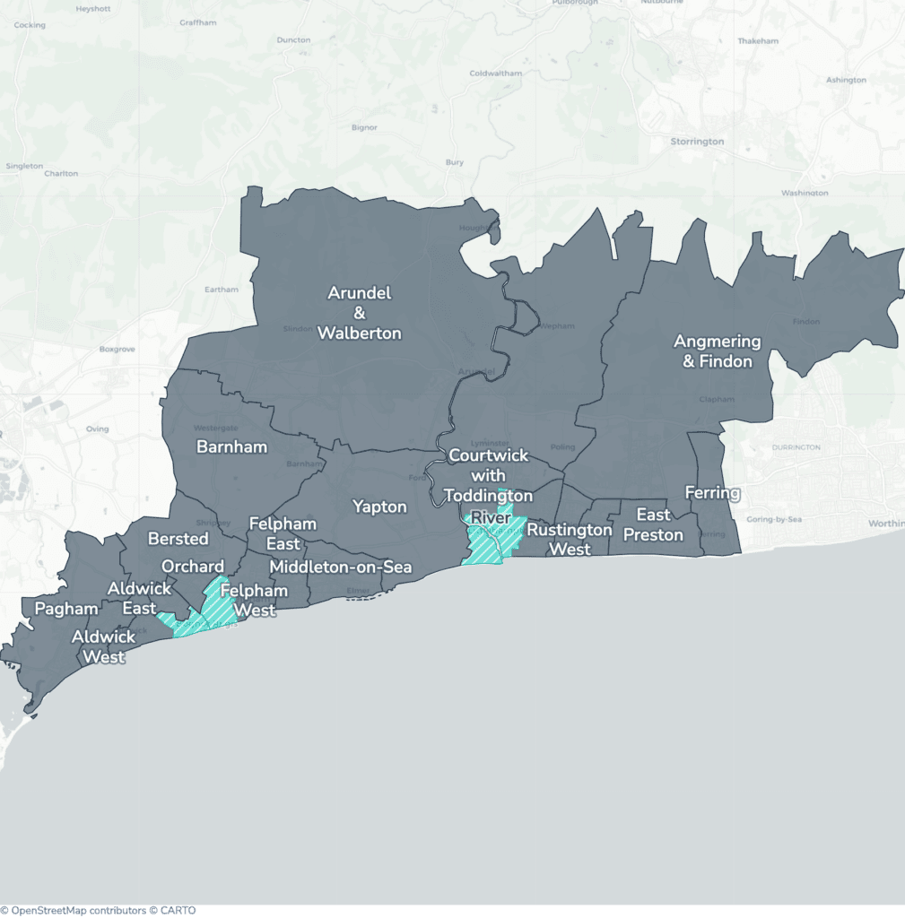 Map of property licensing by ward in Arun. Additional HMO licensing in Hotham, Marine and River applies now. The remaining wards have mandatory HMO licensing only, which applies nationally to larger shared homes.
