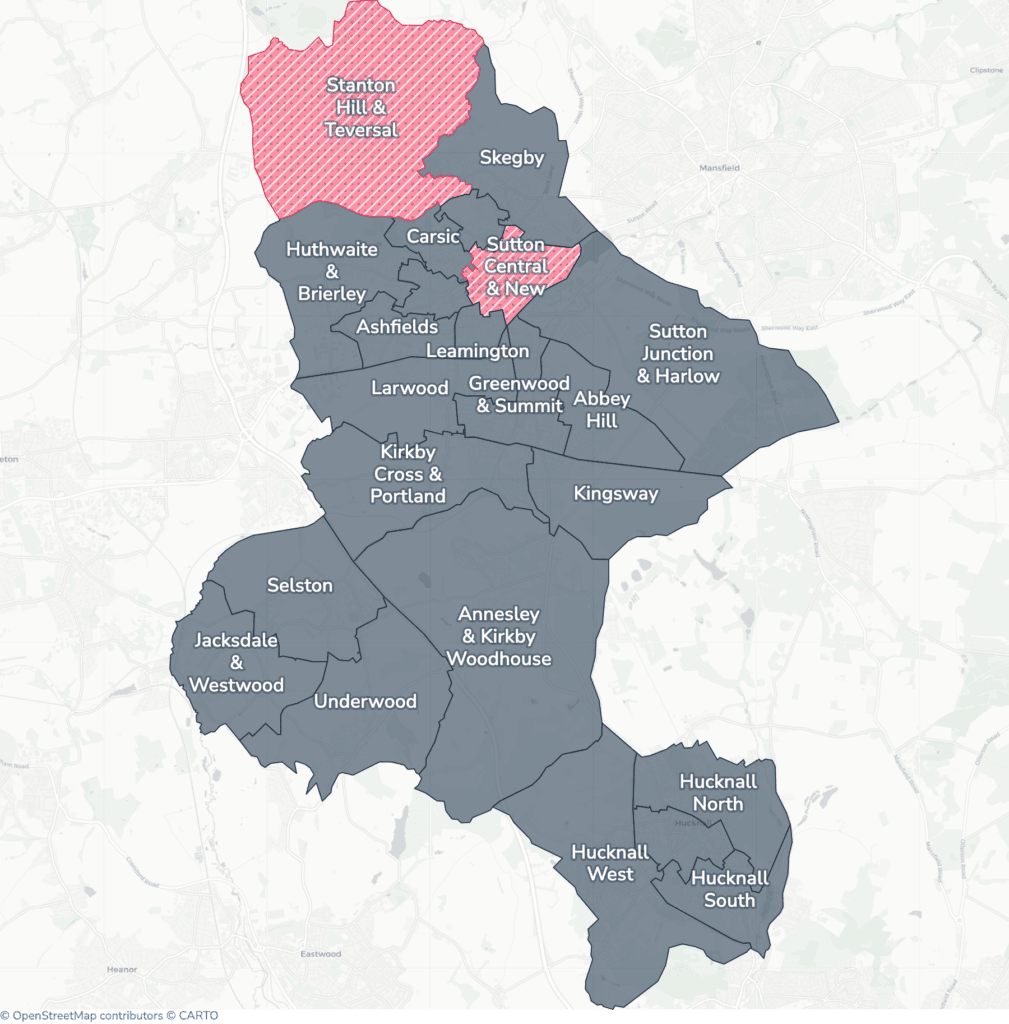 Map of property licensing by ward in Ashfield. Selective licensing in Stanton Hill & Teversal and Sutton Central & New Cross applies now. The remaining wards have mandatory HMO licensing only, which applies nationally to larger shared homes.
