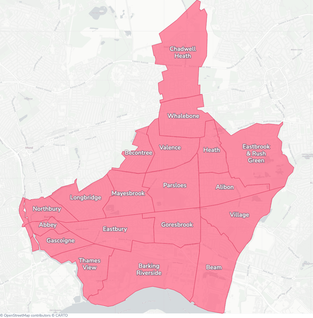 Map of property licensing by ward in Barking and Dagenham. Selective licensing across the whole council area and additional HMO licensing across the whole council area applies now.