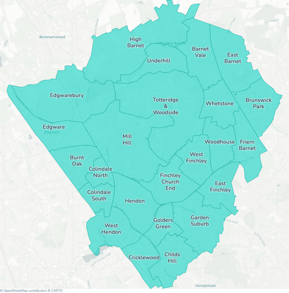 Map of property licensing by ward in Barnet. Additional HMO licensing across the whole council area applies now.