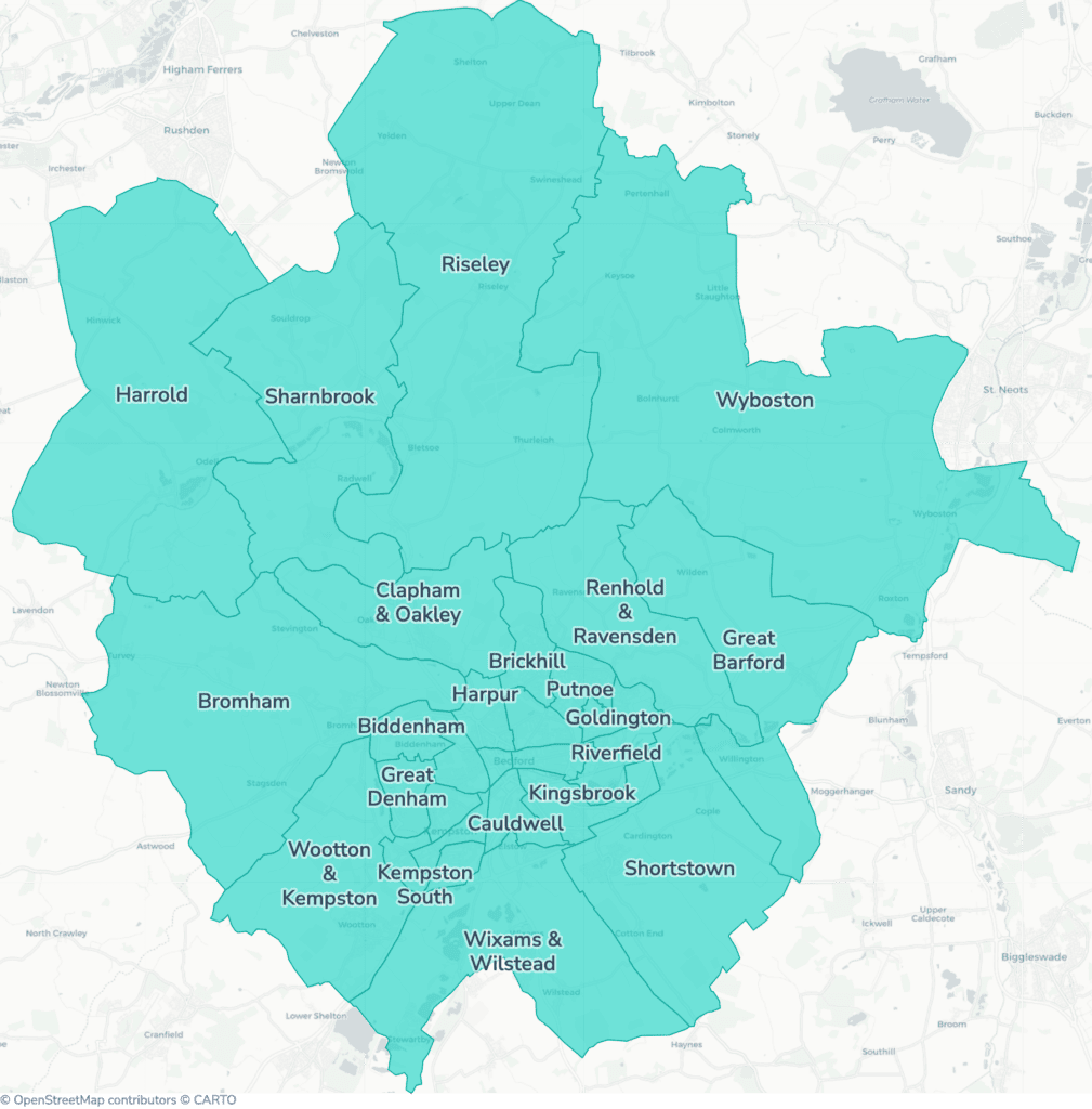 Map of property licensing by ward in Bedford. Additional HMO licensing across the whole council area applies now.