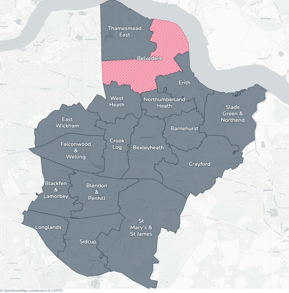 Map of property licensing by ward in Bexley. Selective licensing in Belvedere applies now. The remaining wards have mandatory HMO licensing only, which applies nationally to larger shared homes.