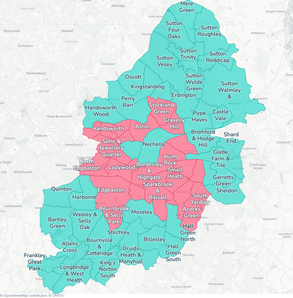 Map of property licensing by ward in Birmingham. Selective licensing in 25 of the 69 wards and additional HMO licensing across the whole council area applies now.