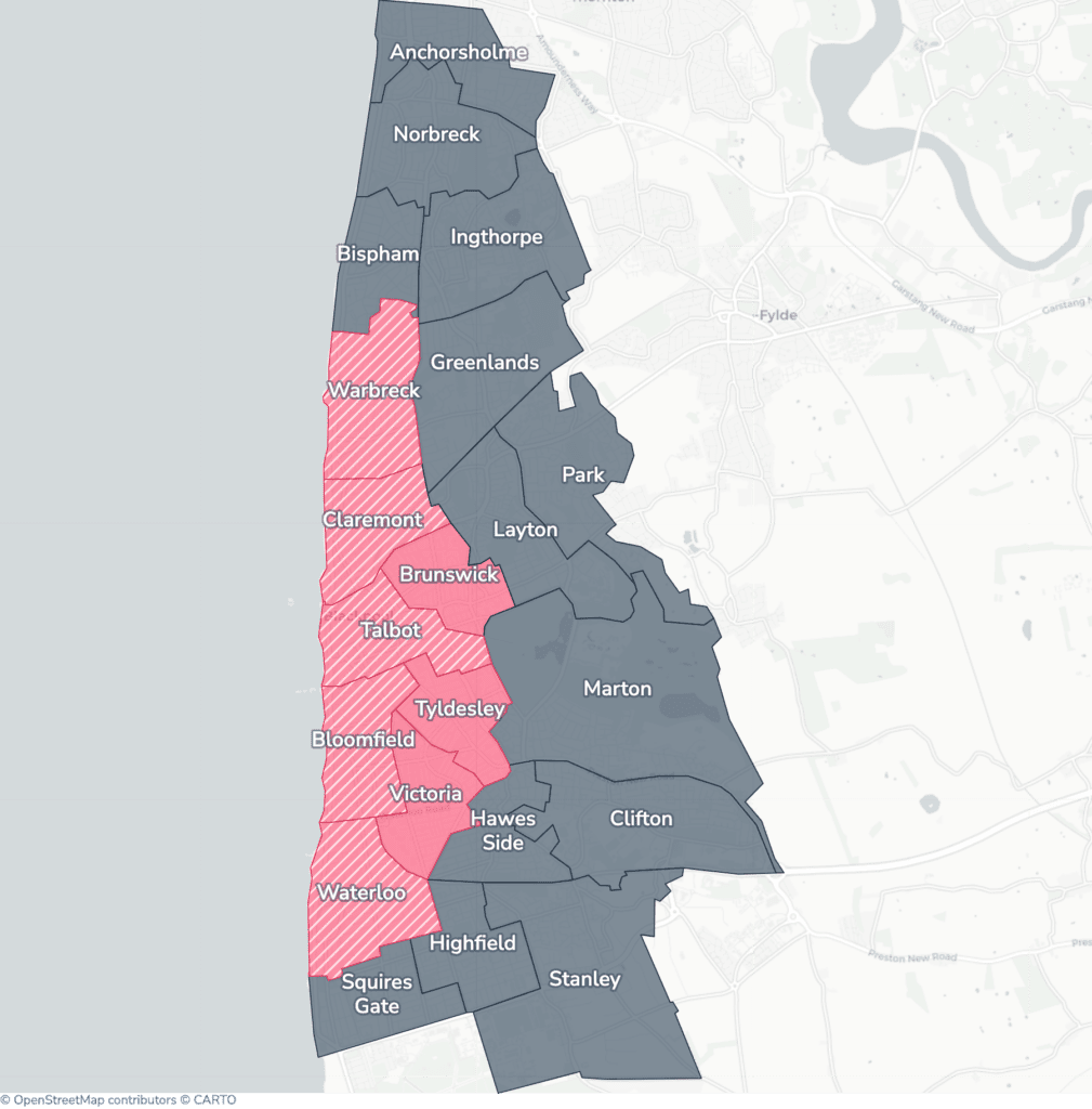 Map of property licensing by ward in Blackpool. Selective licensing in Bloomfield, Brunswick, Claremont, Talbot, Tyldesley, Victoria, Warbreck and Waterloo applies now. The remaining wards have mandatory HMO licensing only, which applies nationally to larger shared homes.