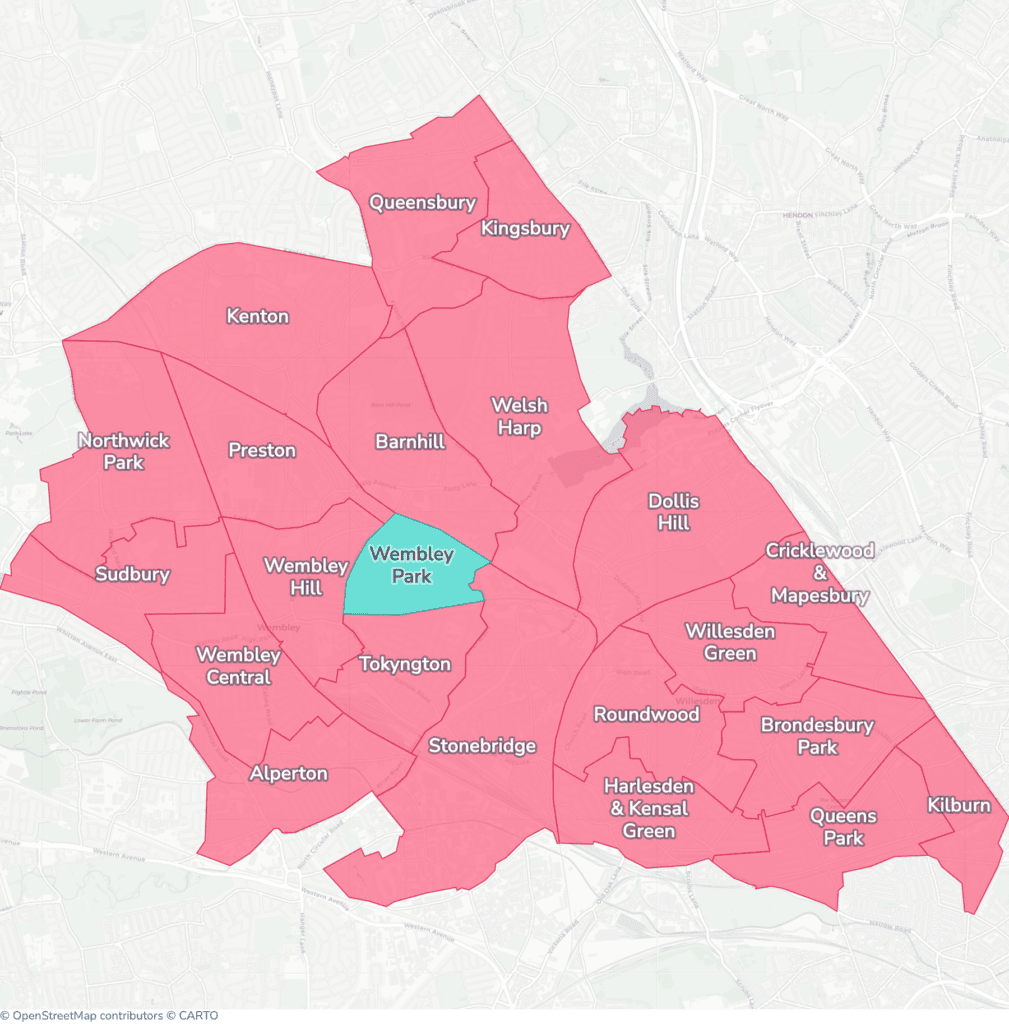 Map of property licensing by ward in Brent. Selective licensing in 21 of the 22 wards and additional HMO licensing across the whole council area applies now.