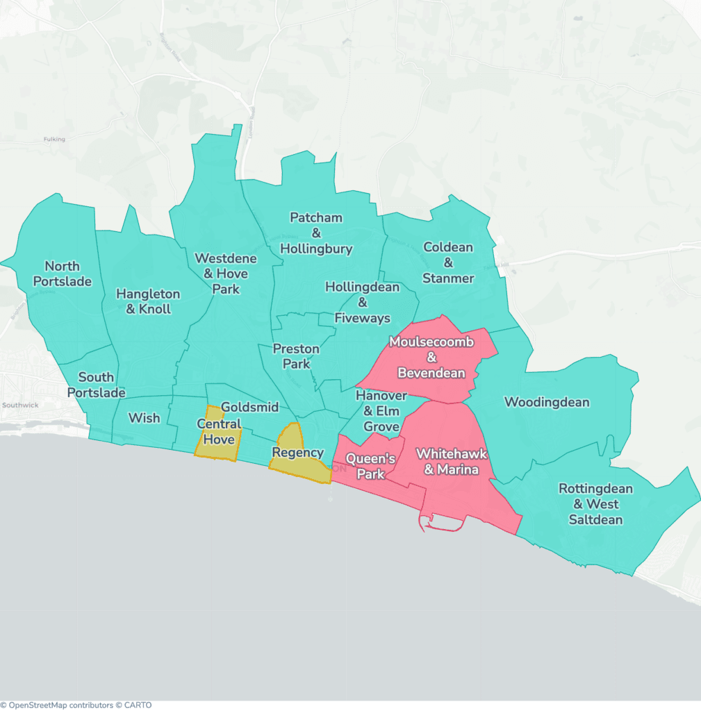 Map of property licensing by ward in Brighton and Hove. Selective licensing in Kemptown, Moulsecoomb & Bevendean, Queen's Park and Whitehawk & Marina and additional HMO licensing across the whole council area applies now. A further selective licensing area covering part of Central Hove and Regency starts on 20 October 2026.