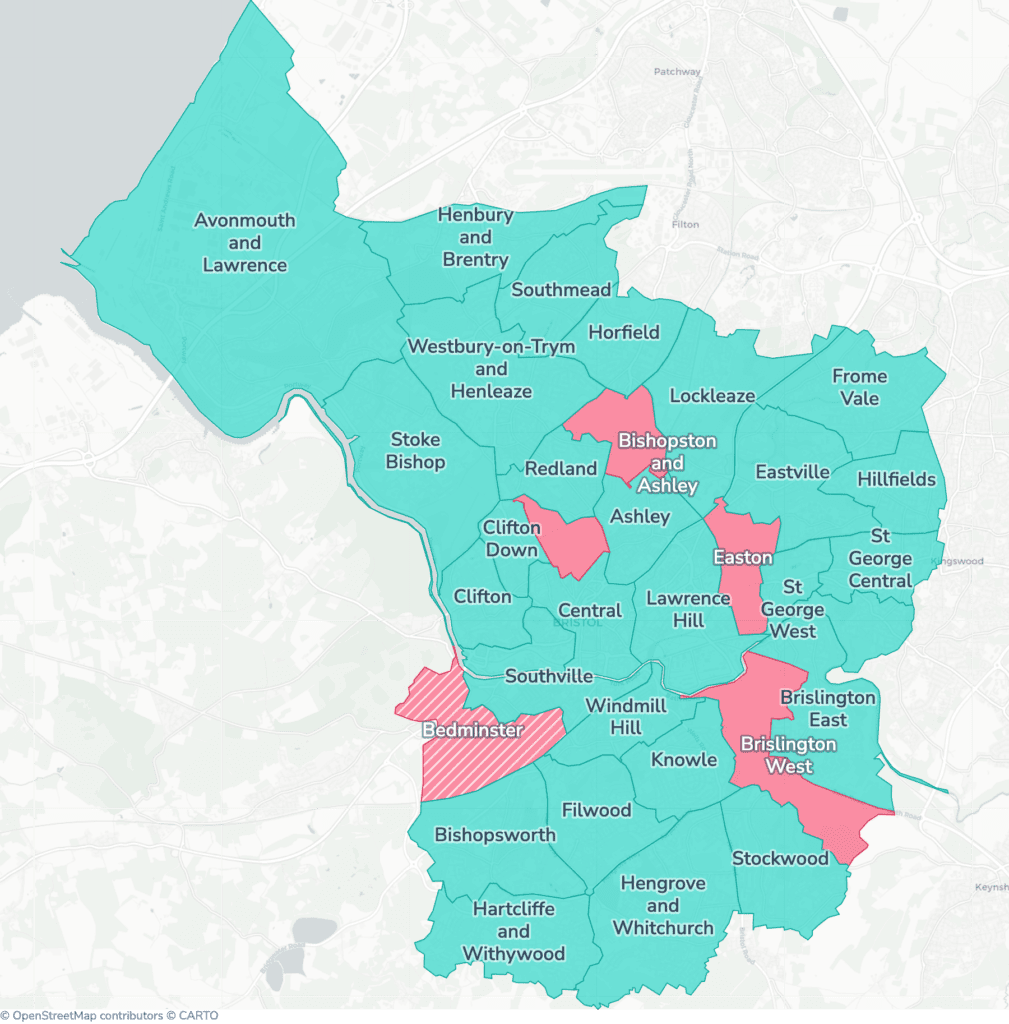 Map of property licensing by ward in Bristol, City of. Selective licensing in Bedminster, Bishopston and Ashley Down, Brislington West, Cotham and Easton and additional HMO licensing across the whole council area applies now.