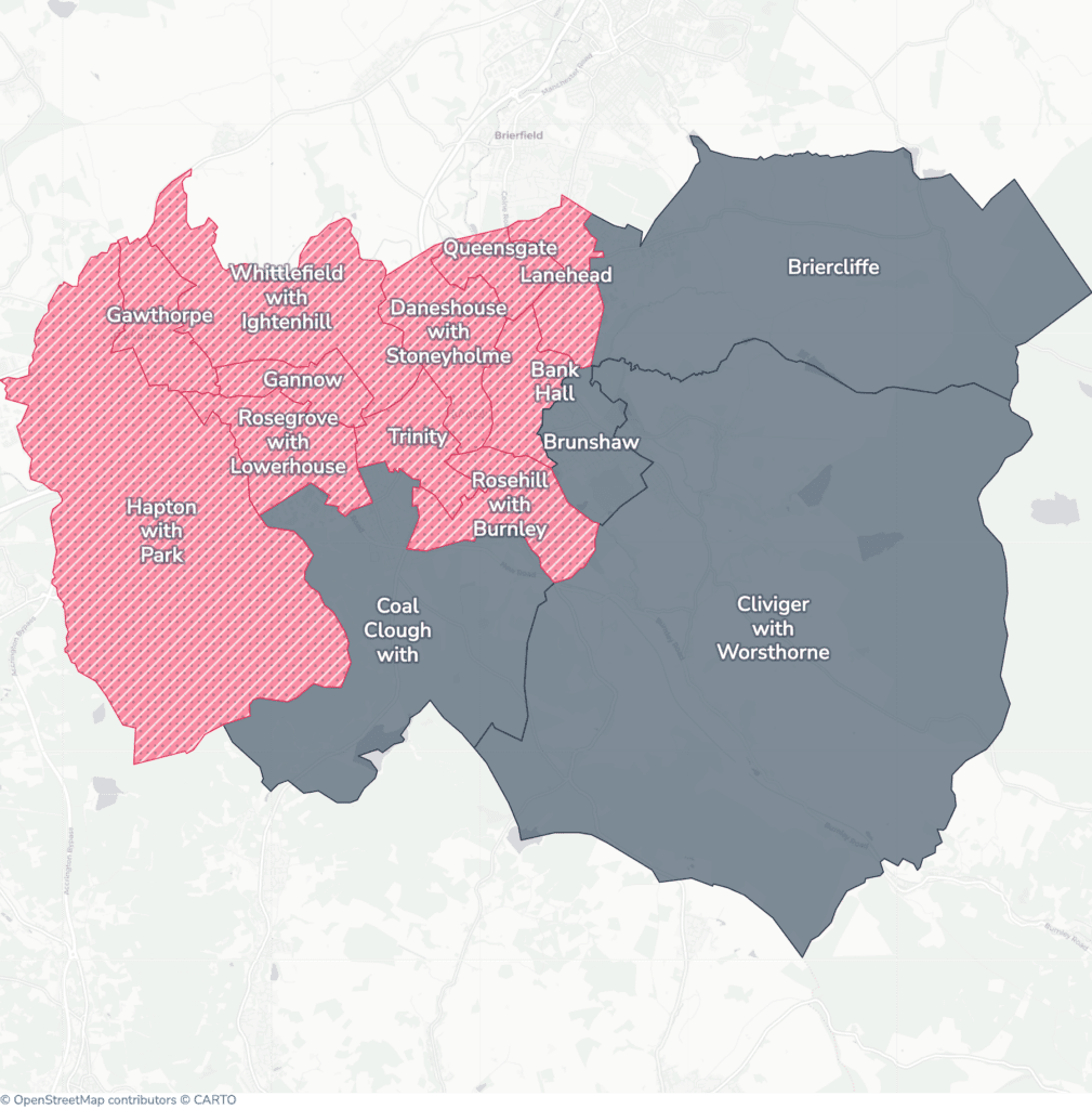 Map of property licensing by ward in Burnley. Selective licensing in 11 of the 15 wards applies now. The remaining wards have mandatory HMO licensing only, which applies nationally to larger shared homes.