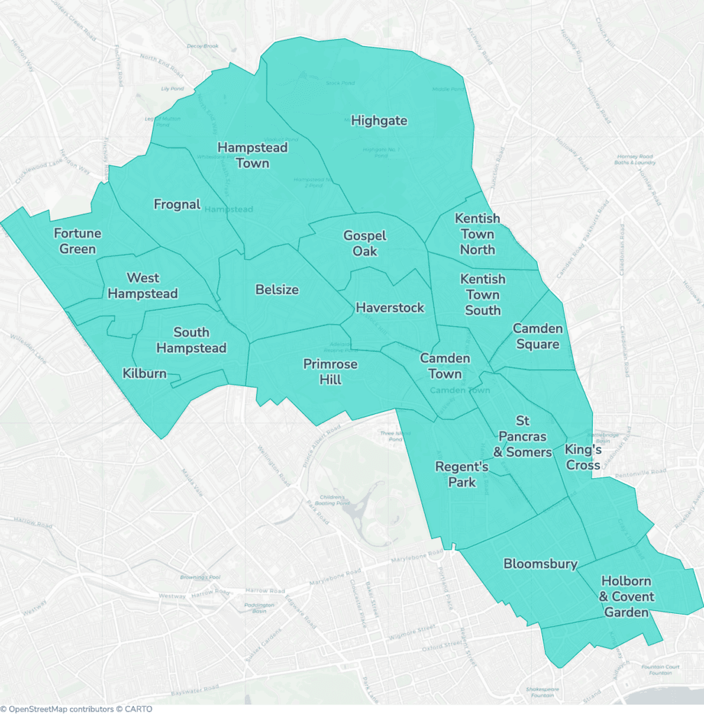 Map of property licensing by ward in Camden. Additional HMO licensing across the whole council area applies now.