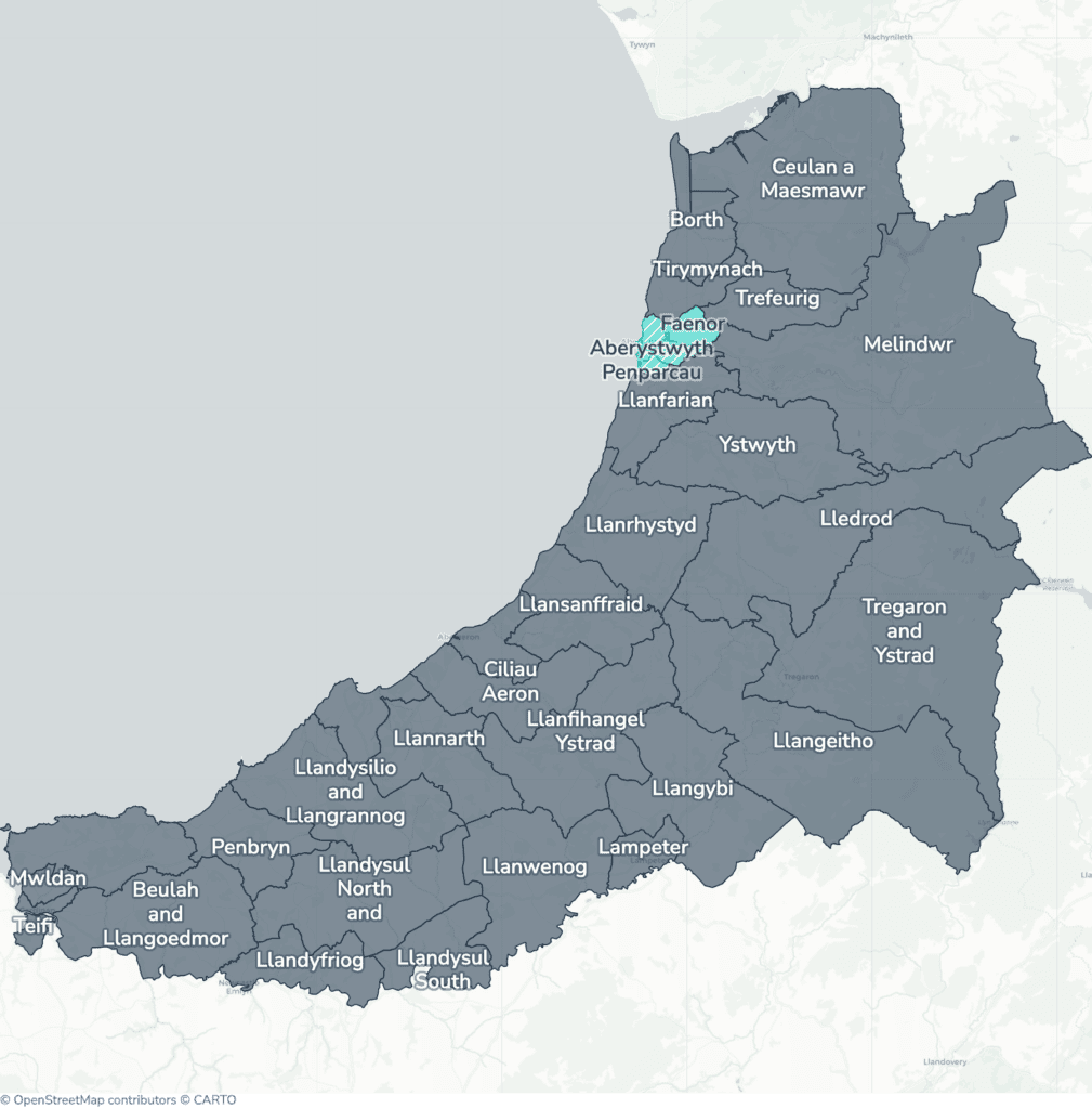 Map of property licensing by ward in Ceredigion. Additional HMO licensing in Aberystwyth Morfa a Glais, Aberystwyth Penparcau, Aberystwyth Rheidol, Faenor and Llanbadarn Fawr applies now. The remaining wards have mandatory HMO licensing only, which applies nationally to larger shared homes.