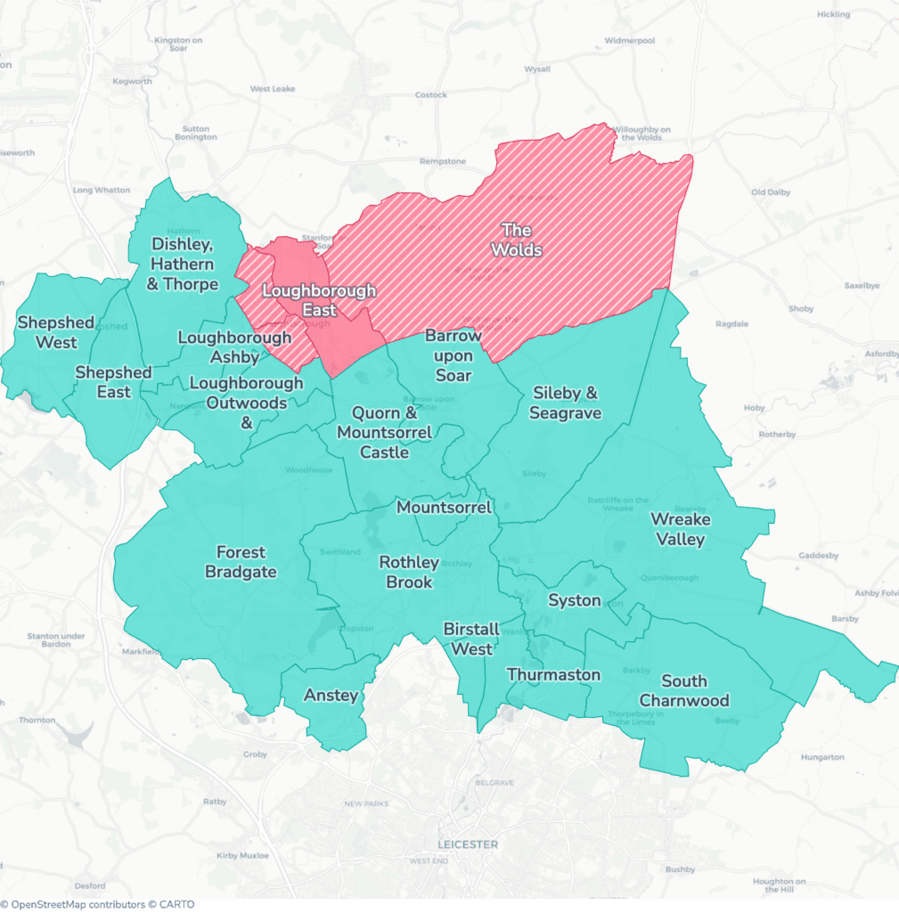 Map of property licensing by ward in Charnwood. Selective licensing in Loughborough East, Loughborough Southfields, Loughborough Storer and The Wolds and additional HMO licensing across the whole council area applies now.