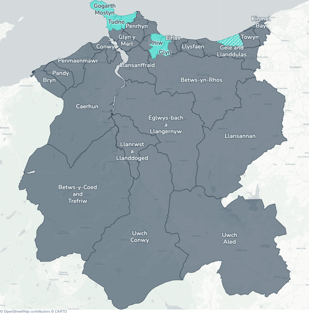 Map of property licensing by ward in Conwy. Additional HMO licensing in Craig-y-don, Glyn, Gogarth Mostyn, Pen-sarn Pentre Mawr, Rhiw and Tudno applies now. The remaining wards have mandatory HMO licensing only, which applies nationally to larger shared homes.