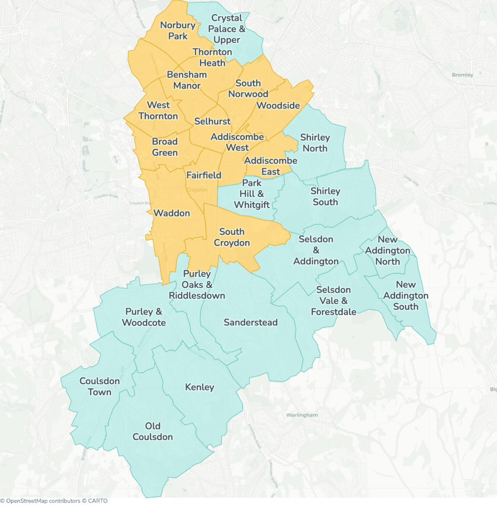 Map of property licensing by ward in Croydon. No selective or additional licensing scheme applies now. Selective licensing in 14 of the 28 wards and additional HMO licensing across the whole council area starts on 25 September 2026. Mandatory HMO licensing applies across the council area, as it does nationally to larger shared homes.