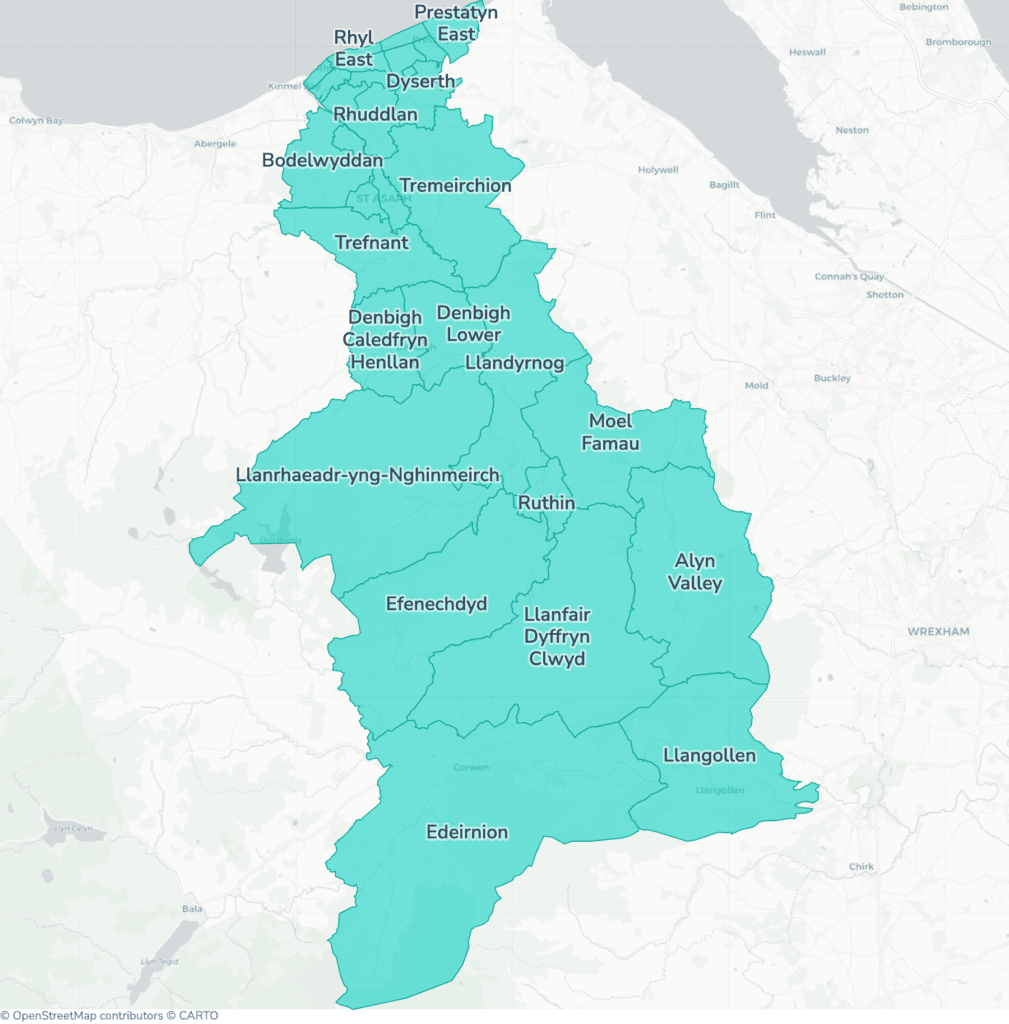 Map of property licensing by ward in Denbighshire. Additional HMO licensing across the whole council area applies now.