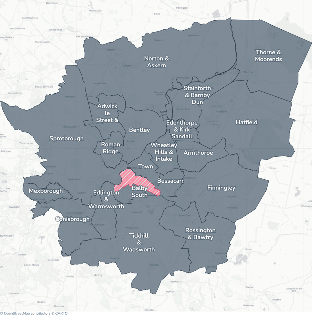 Map of property licensing by ward in Doncaster. Selective licensing in Hexthorpe & Balby North applies now. The remaining wards have mandatory HMO licensing only, which applies nationally to larger shared homes.