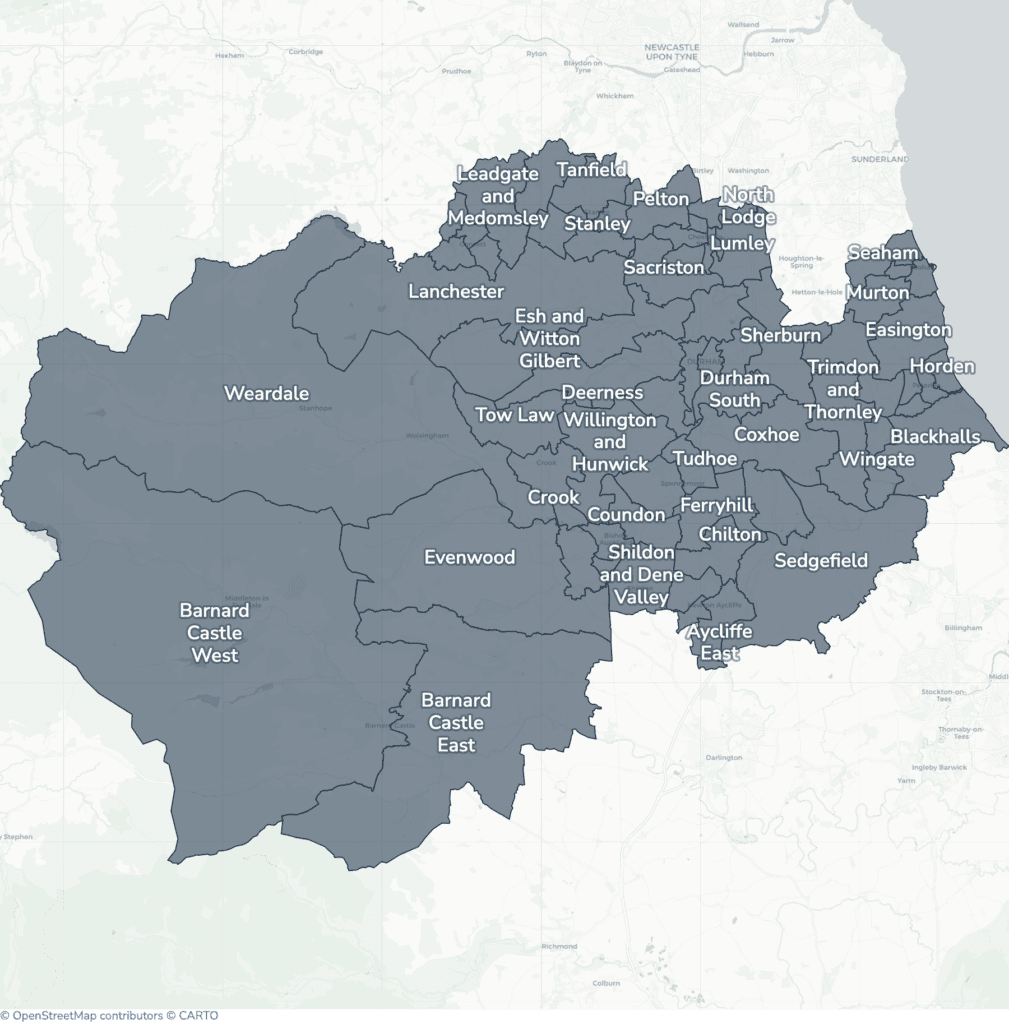 Map of property licensing by ward in County Durham. No selective or additional licensing scheme applies now. Mandatory HMO licensing applies across the council area, as it does nationally to larger shared homes.