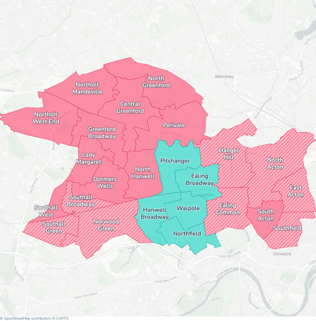 Map of property licensing by ward in Ealing. Selective licensing in 19 of the 24 wards and additional HMO licensing across the whole council area applies now.