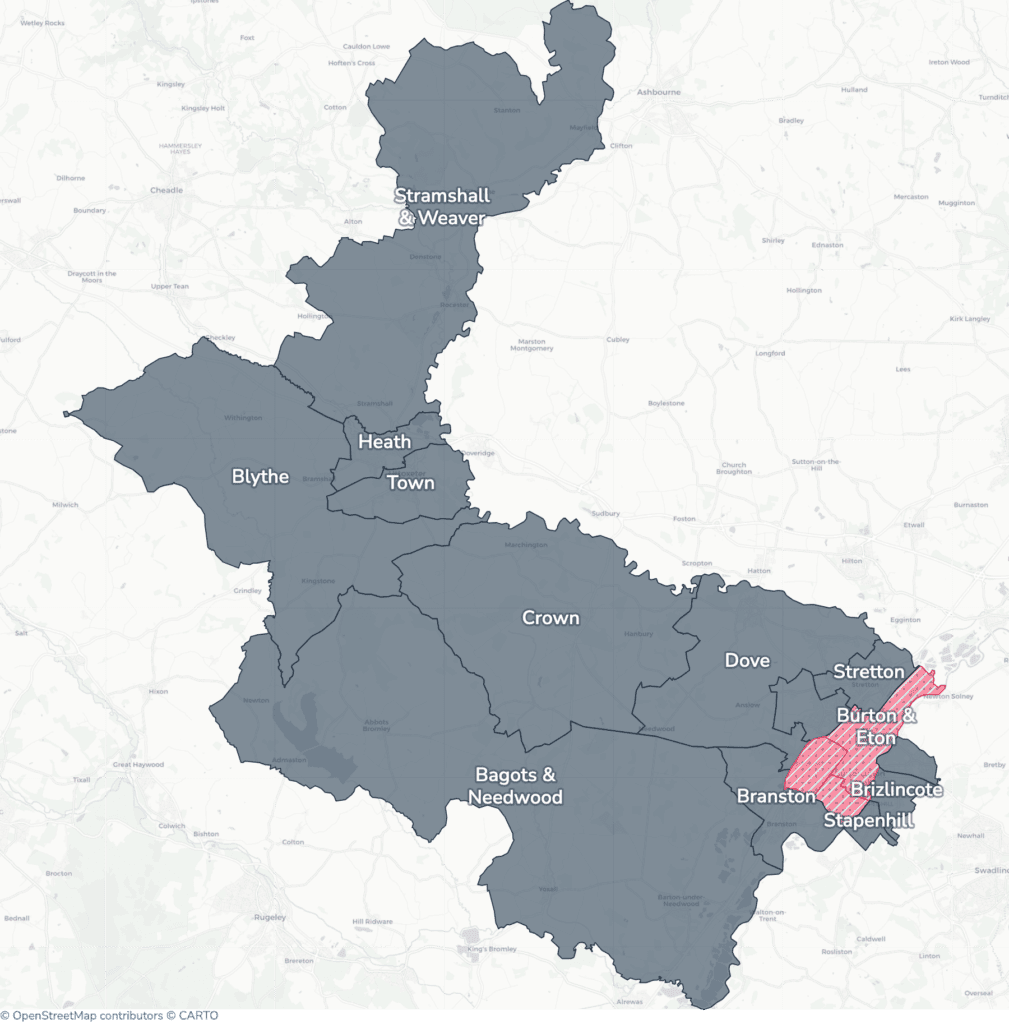 Map of property licensing by ward in East Staffordshire. Selective licensing in Anglesey, Burton & Eton and Shobnall applies now. The remaining wards have mandatory HMO licensing only, which applies nationally to larger shared homes.