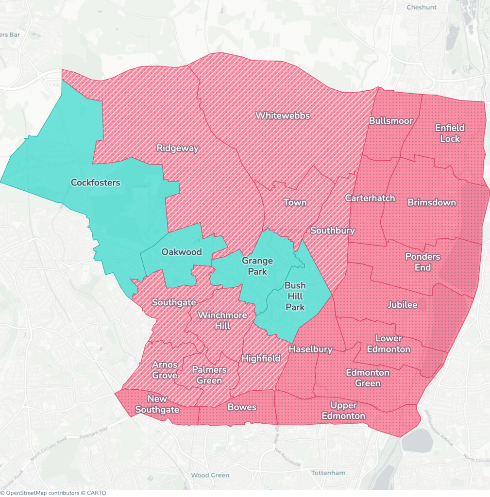 Map of property licensing by ward in Enfield. Selective licensing in 21 of the 25 wards and additional HMO licensing across the whole council area applies now.