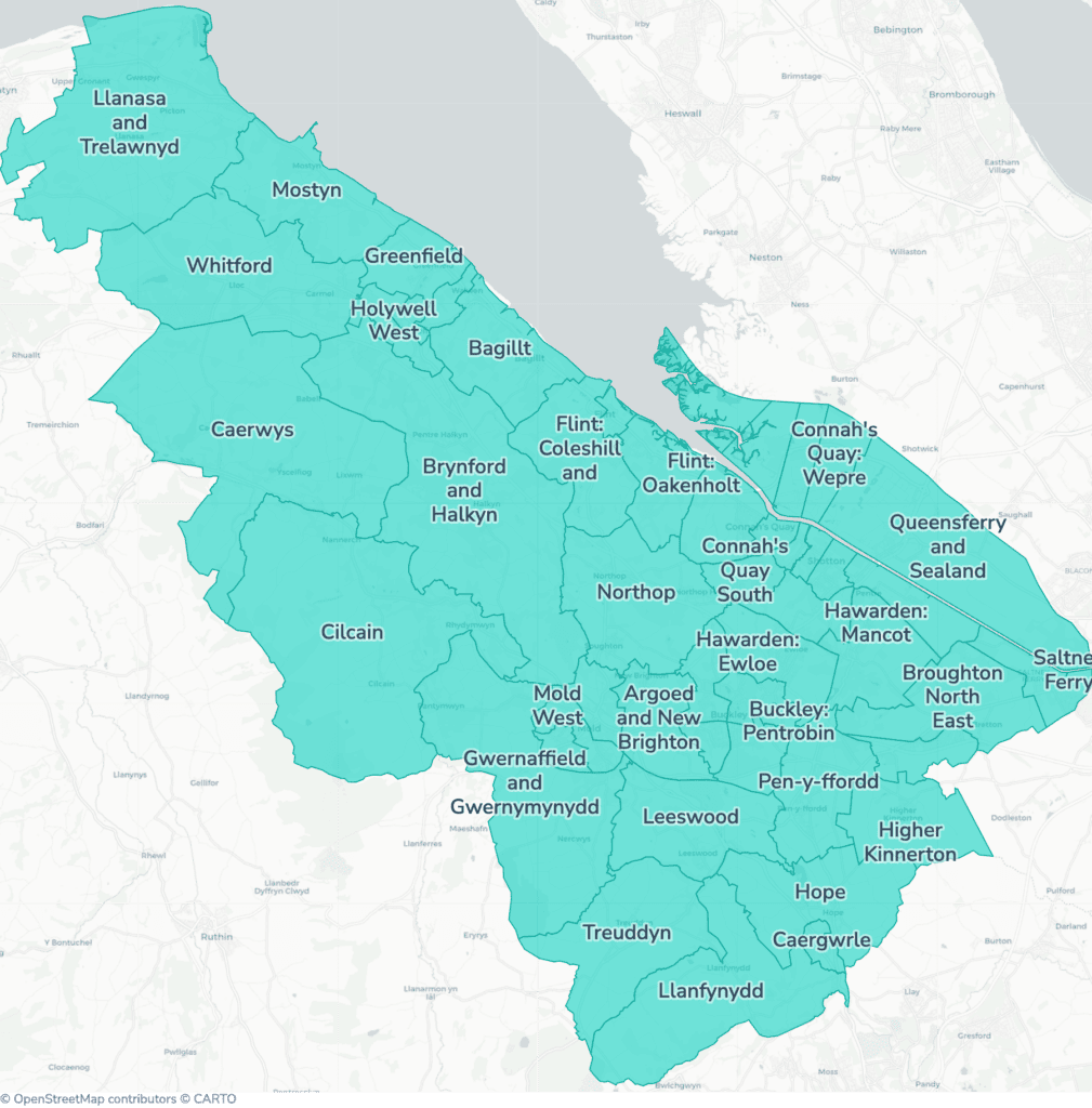 Map of property licensing by ward in Flintshire. Additional HMO licensing across the whole council area applies now.