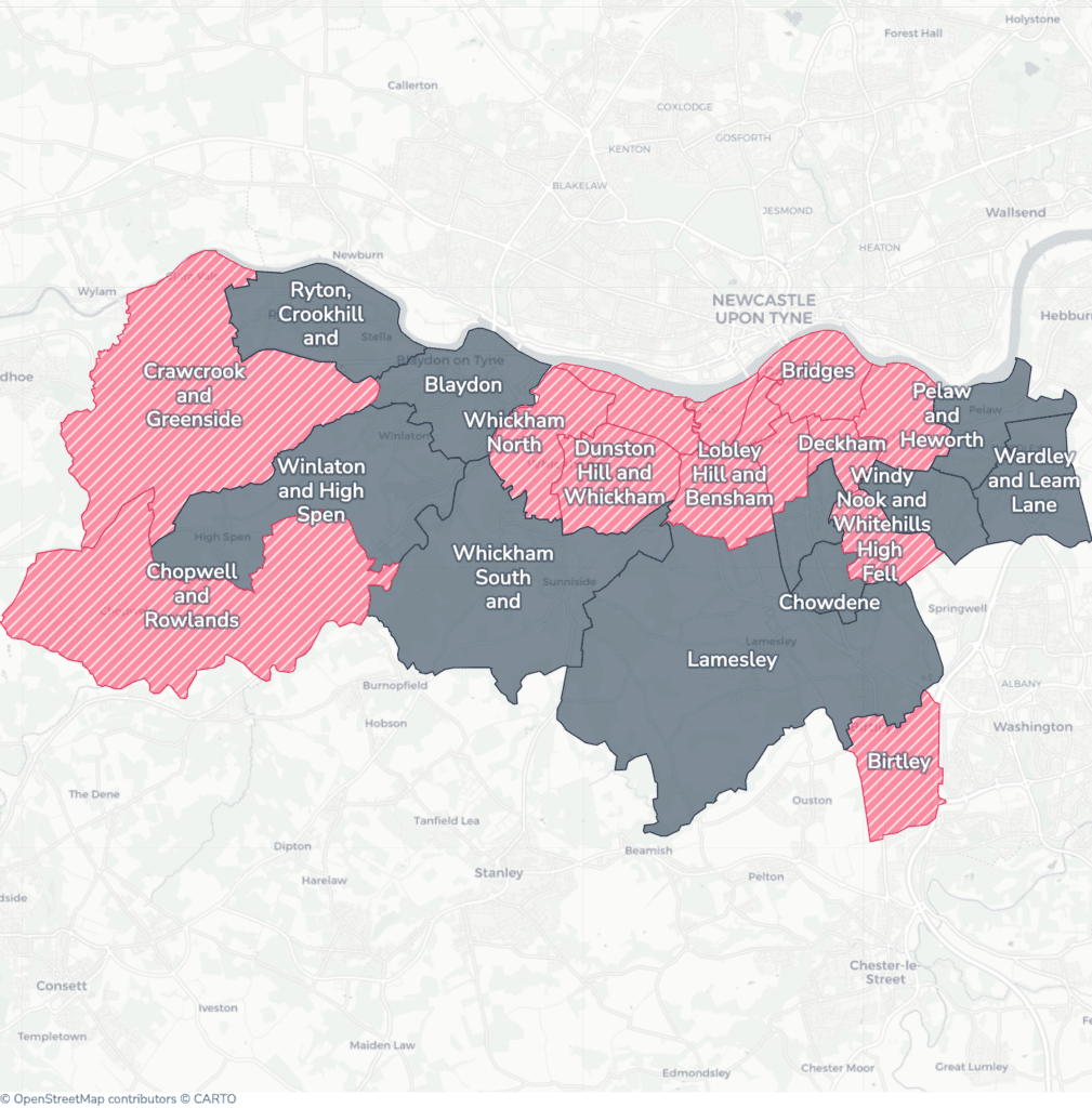Map of property licensing by ward in Gateshead. Selective licensing in 12 of the 22 wards and additional HMO licensing in 12 of the 22 wards applies now. The remaining wards have mandatory HMO licensing only, which applies nationally to larger shared homes.