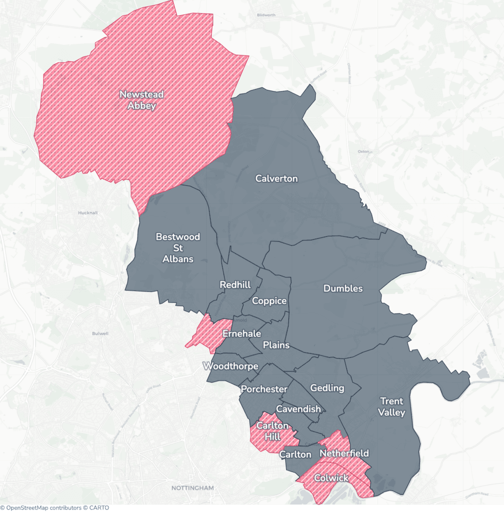 Map of property licensing by ward in Gedling. Selective licensing in Carlton Hill, Colwick, Daybrook, Netherfield and Newstead Abbey applies now. The remaining wards have mandatory HMO licensing only, which applies nationally to larger shared homes.