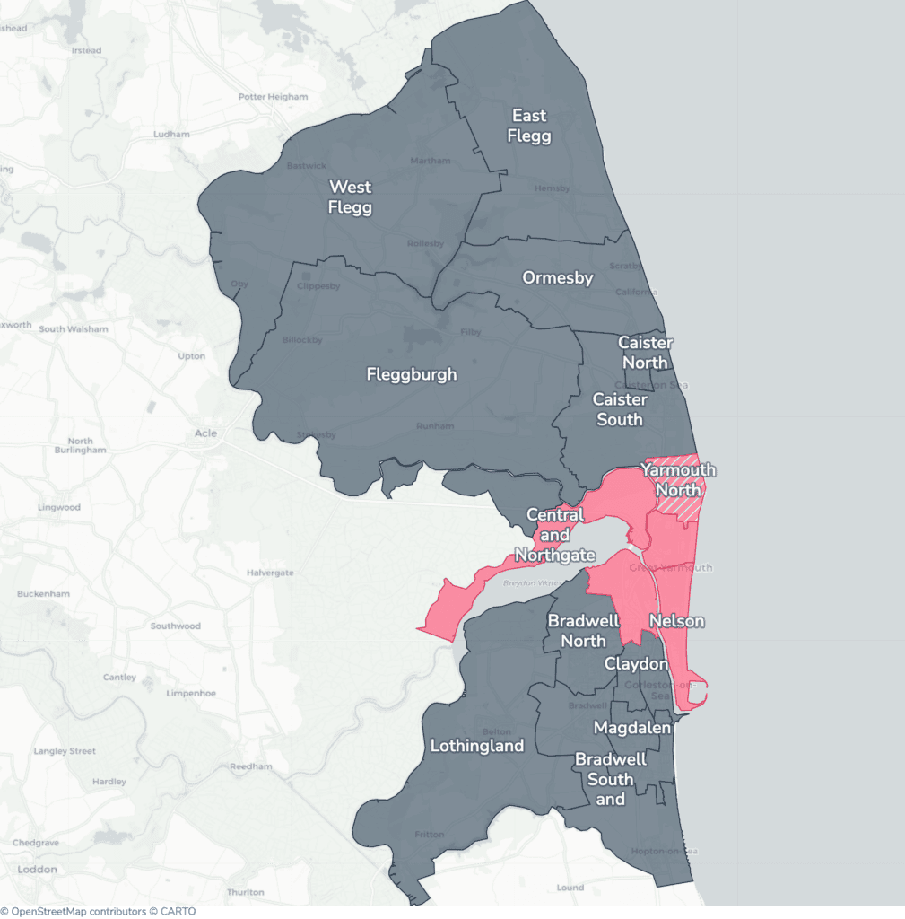 Map of property licensing by ward in Great Yarmouth. Selective licensing in Central and Northgate, Nelson, Southtown and Cobholm and Yarmouth North applies now. The remaining wards have mandatory HMO licensing only, which applies nationally to larger shared homes.