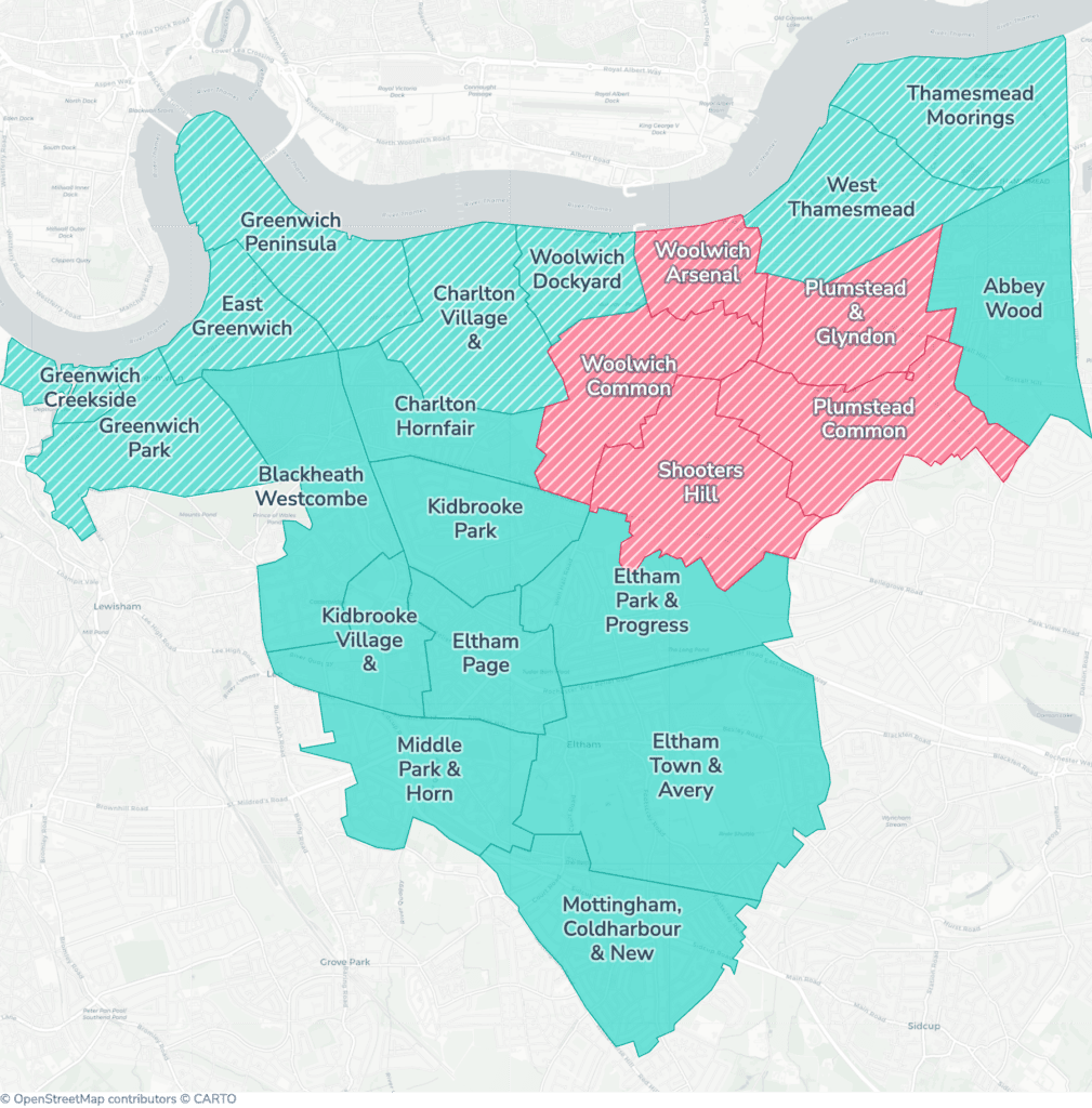 Map of property licensing by ward in Greenwich. Selective licensing in Plumstead & Glyndon, Plumstead Common, Shooters Hill, Woolwich Arsenal and Woolwich Common and additional HMO licensing across the whole council area applies now.