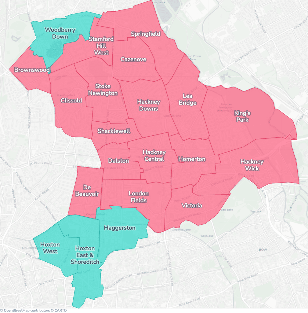 Map of property licensing by ward in Hackney. Selective licensing in 17 of the 21 wards and additional HMO licensing across the whole council area applies now.