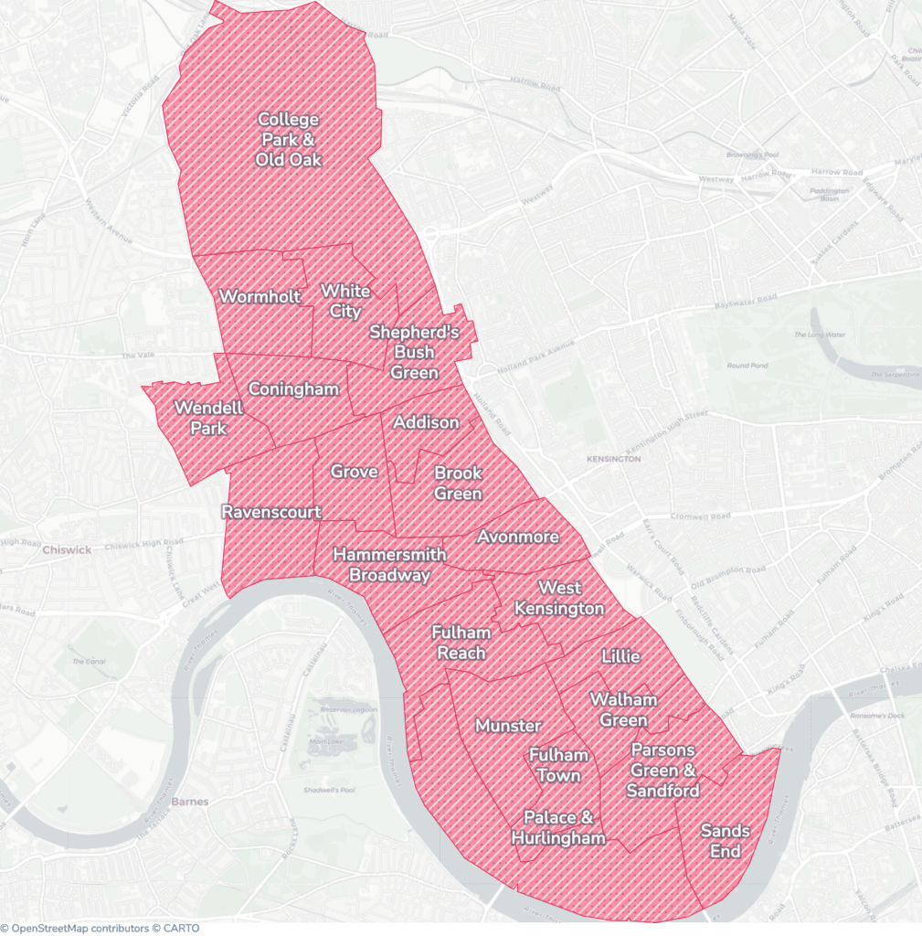 Map of property licensing by ward in Hammersmith and Fulham. Selective licensing across the whole council area and additional HMO licensing across the whole council area applies now.