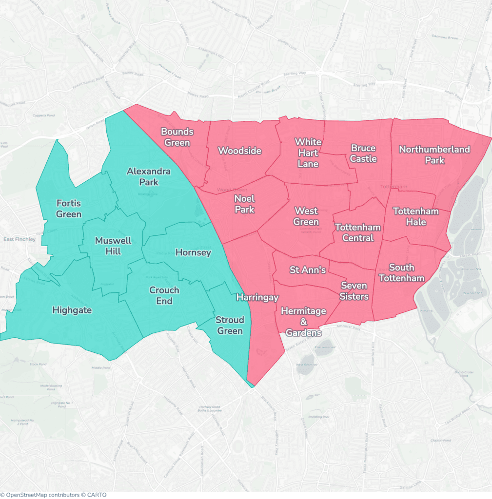Map of property licensing by ward in Haringey. Selective licensing in 14 of the 21 wards and additional HMO licensing across the whole council area applies now.