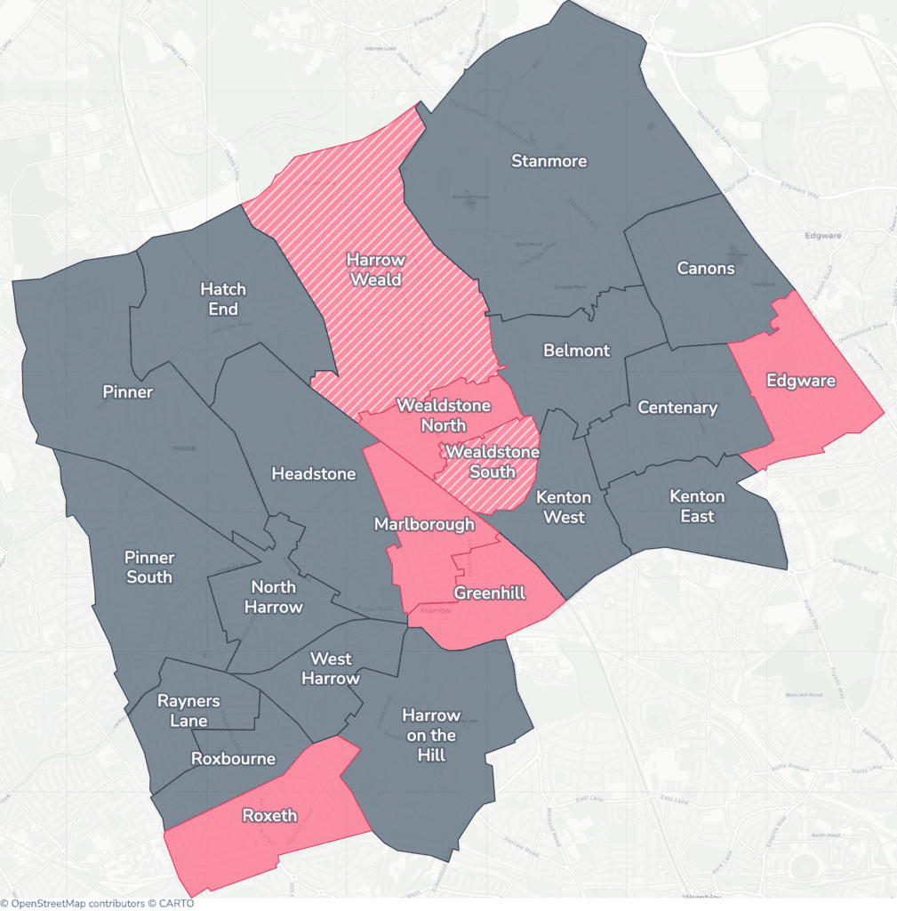 Map of property licensing by ward in Harrow. Selective licensing in Edgware, Greenhill, Harrow Weald, Marlborough, Roxeth, Wealdstone North and Wealdstone South applies now. The remaining wards have mandatory HMO licensing only, which applies nationally to larger shared homes.