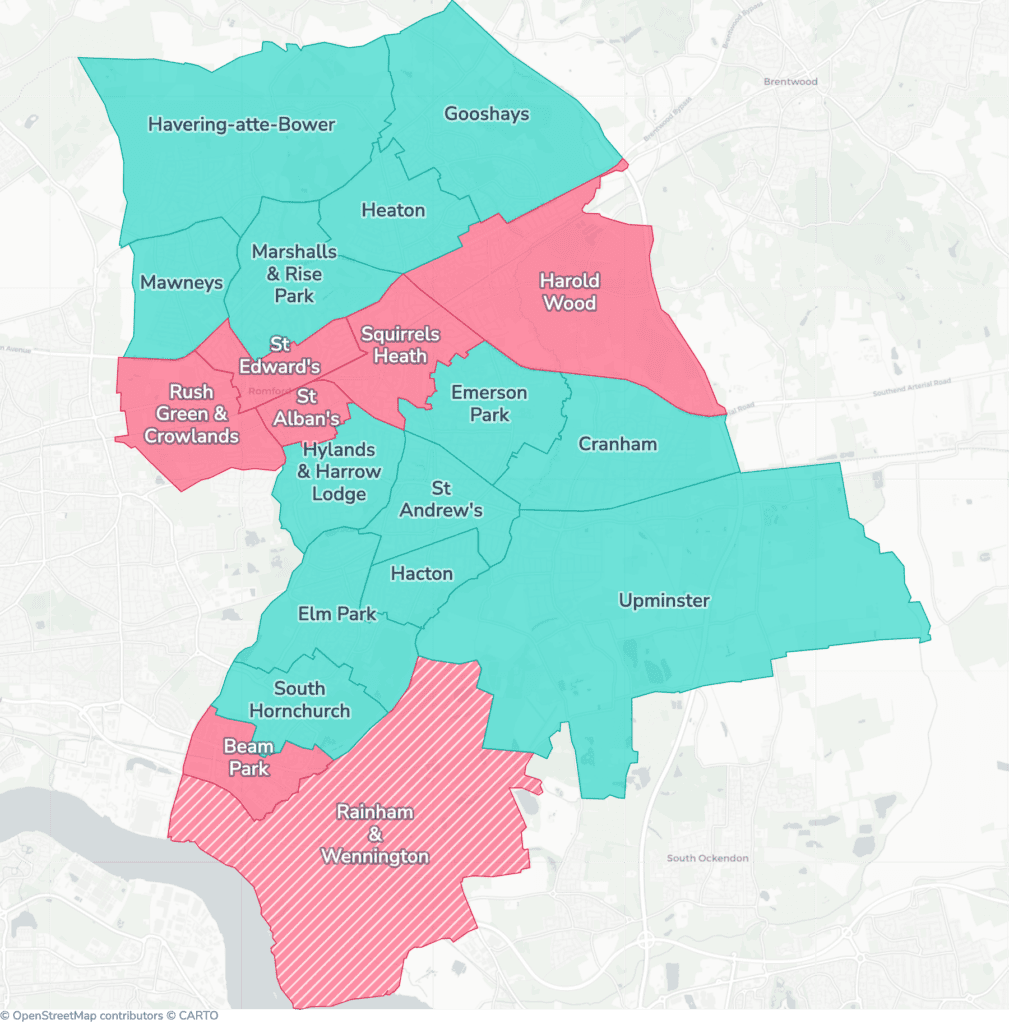 Map of property licensing by ward in Havering. Selective licensing in Beam Park, Harold Wood, Rainham & Wennington, Rush Green & Crowlands, Squirrels Heath, St Alban's and St Edward's and additional HMO licensing across the whole council area applies now.