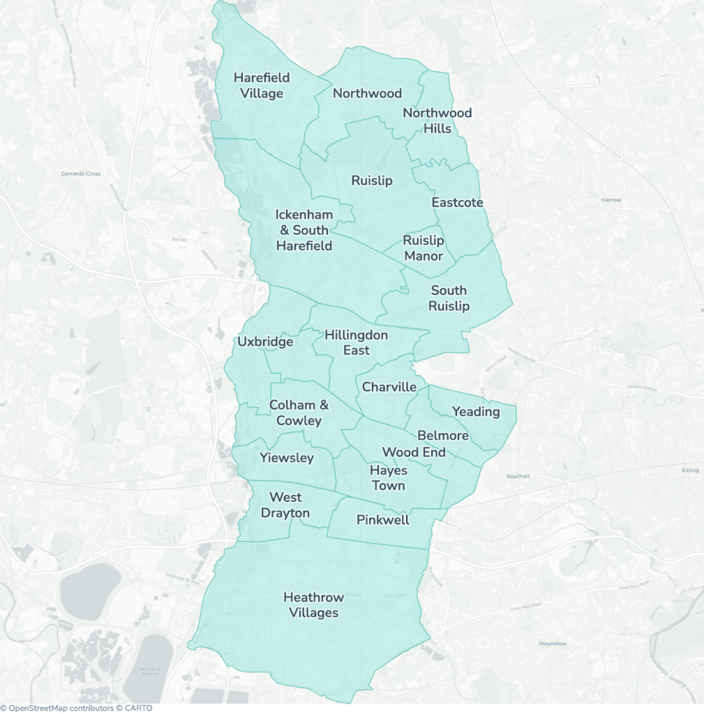 Map of property licensing by ward in Hillingdon. No selective or additional licensing scheme applies now. Additional HMO licensing across the whole council area starts on 24 August 2026. Mandatory HMO licensing applies across the council area, as it does nationally to larger shared homes.