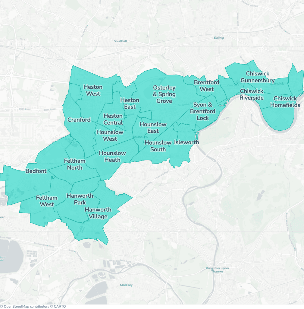 Map of property licensing by ward in Hounslow. Additional HMO licensing across the whole council area applies now.
