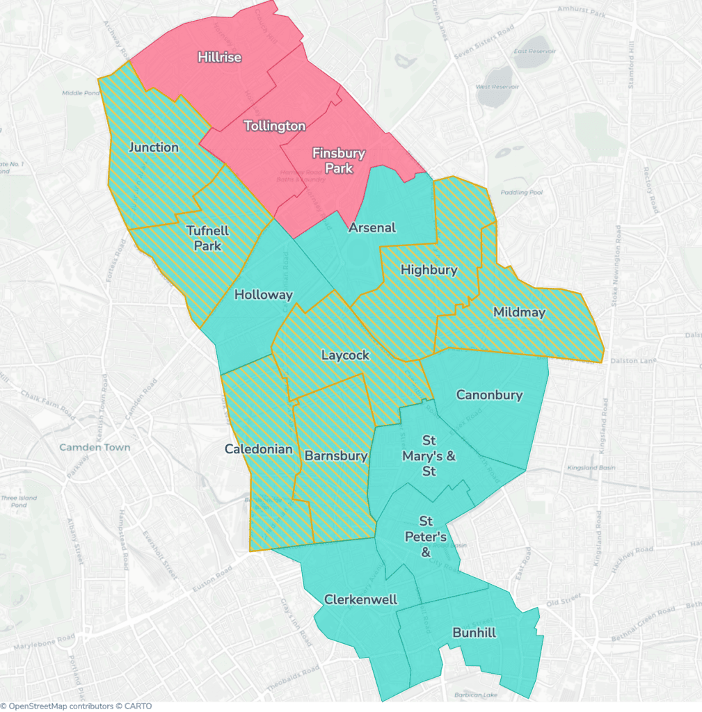 Map of property licensing by ward in Islington. Selective licensing in Finsbury Park, Hillrise and Tollington and additional HMO licensing across the whole council area applies now. Selective licensing in Barnsbury, Caledonian, Highbury, Junction, Laycock, Mildmay and Tufnell Park starts on 23 November 2026.