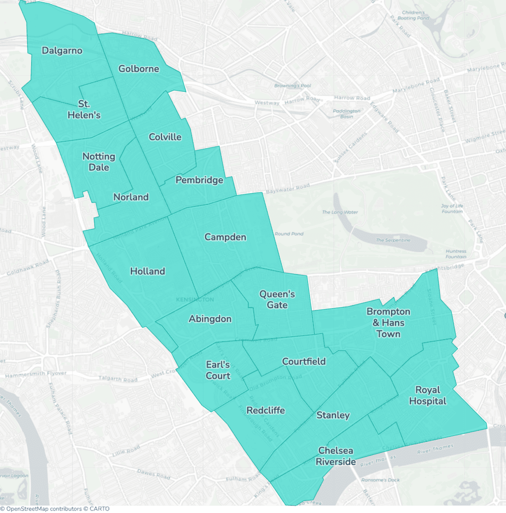 Map of property licensing by ward in Kensington and Chelsea. Additional HMO licensing across the whole council area applies now.