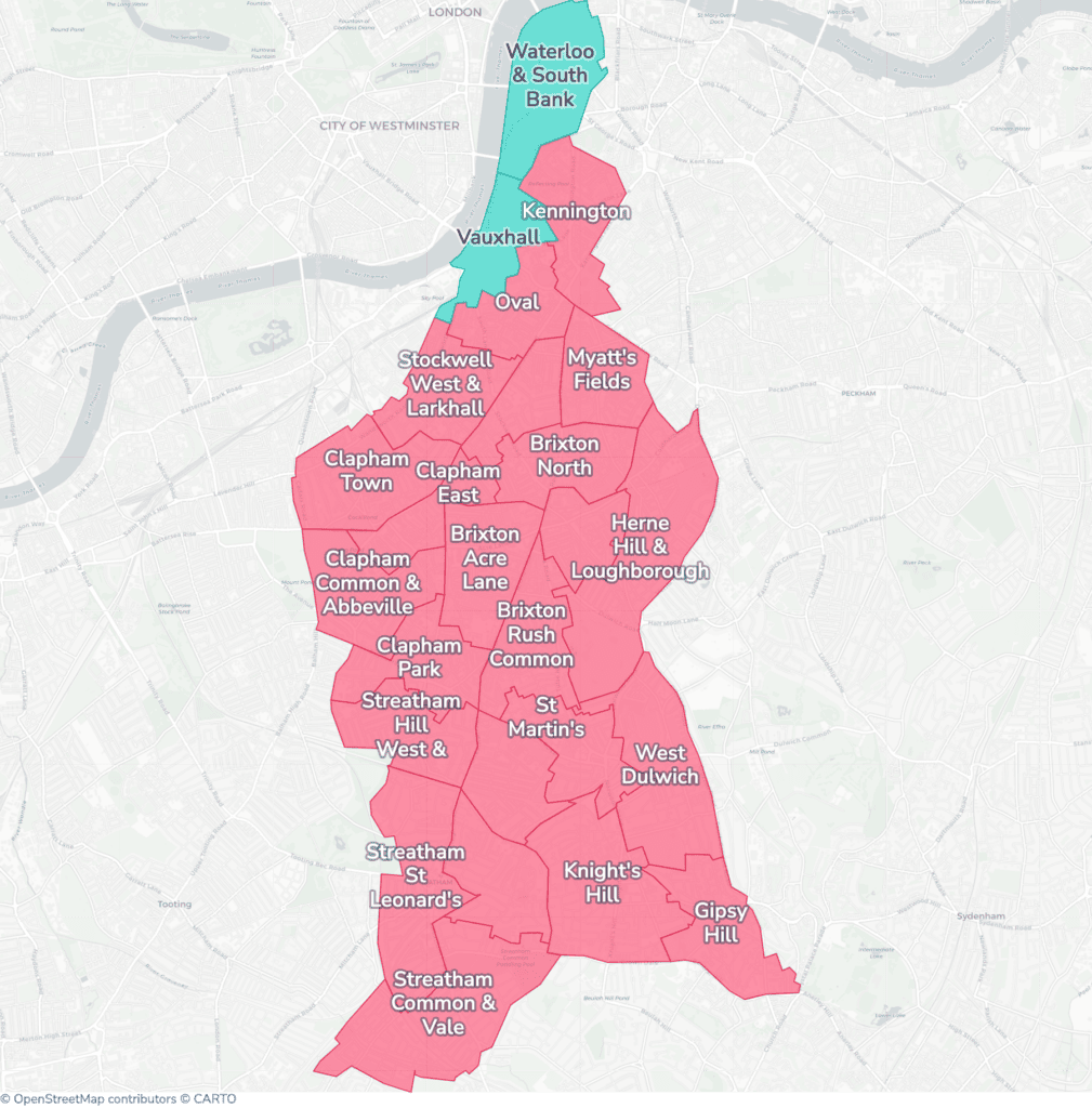 Map of property licensing by ward in Lambeth. Selective licensing in 23 of the 25 wards and additional HMO licensing across the whole council area applies now.