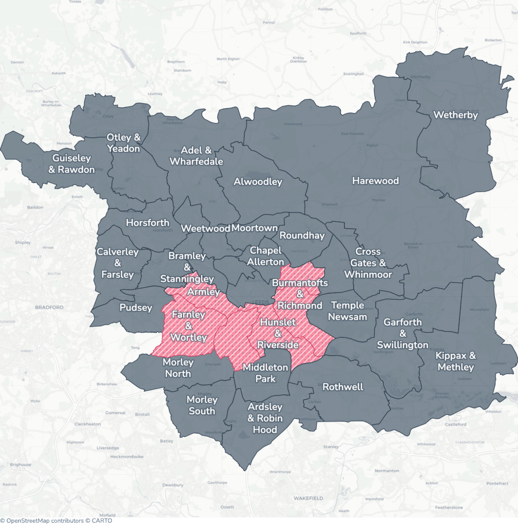 Map of property licensing by ward in Leeds. Selective licensing in Armley, Beeston & Holbeck, Burmantofts & Richmond Hill, Farnley & Wortley, Gipton & Harehills and Hunslet & Riverside applies now. The remaining wards have mandatory HMO licensing only, which applies nationally to larger shared homes.
