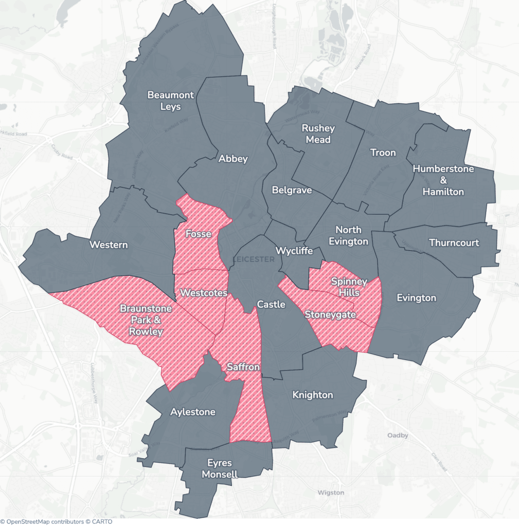 Map of property licensing by ward in Leicester. Selective licensing in Braunstone Park & Rowley Fields, Fosse, Saffron, Spinney Hills, Stoneygate and Westcotes applies now. The remaining wards have mandatory HMO licensing only, which applies nationally to larger shared homes.