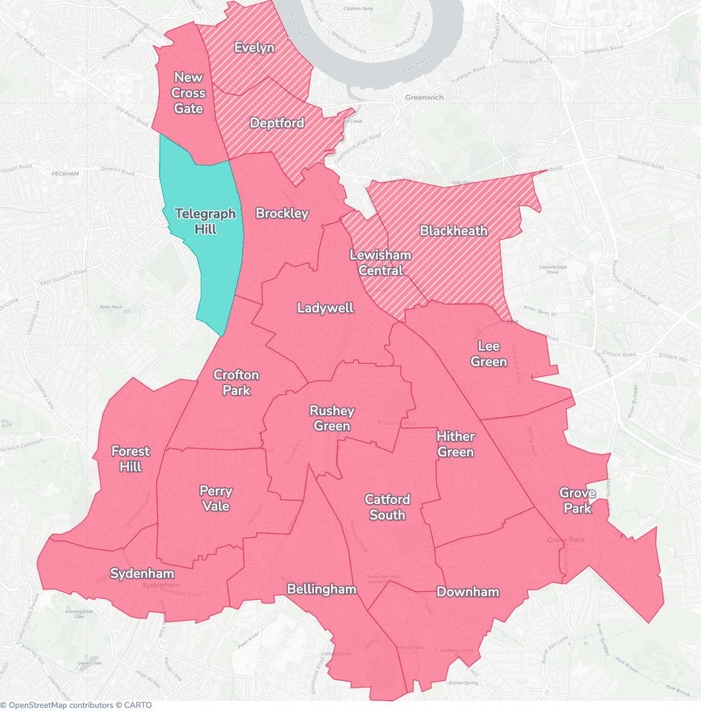 Map of property licensing by ward in Lewisham. Selective licensing in 18 of the 19 wards and additional HMO licensing across the whole council area applies now.
