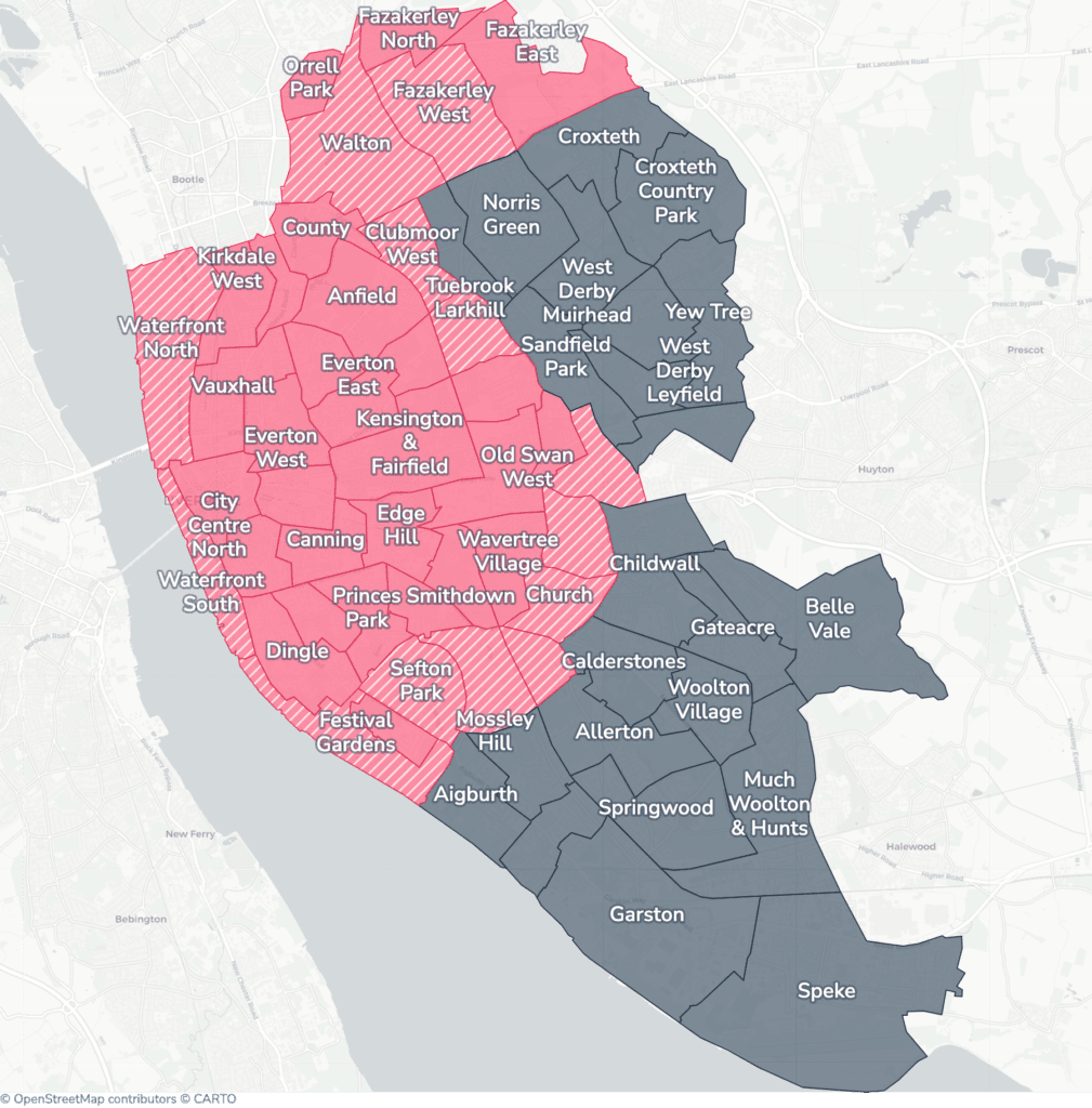 Map of property licensing by ward in Liverpool. Selective licensing in 41 of the 64 wards applies now. The remaining wards have mandatory HMO licensing only, which applies nationally to larger shared homes.