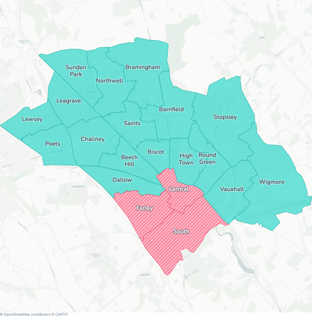 Map of property licensing by ward in Luton. Selective licensing in Central, Farley and South and additional HMO licensing across the whole council area applies now.