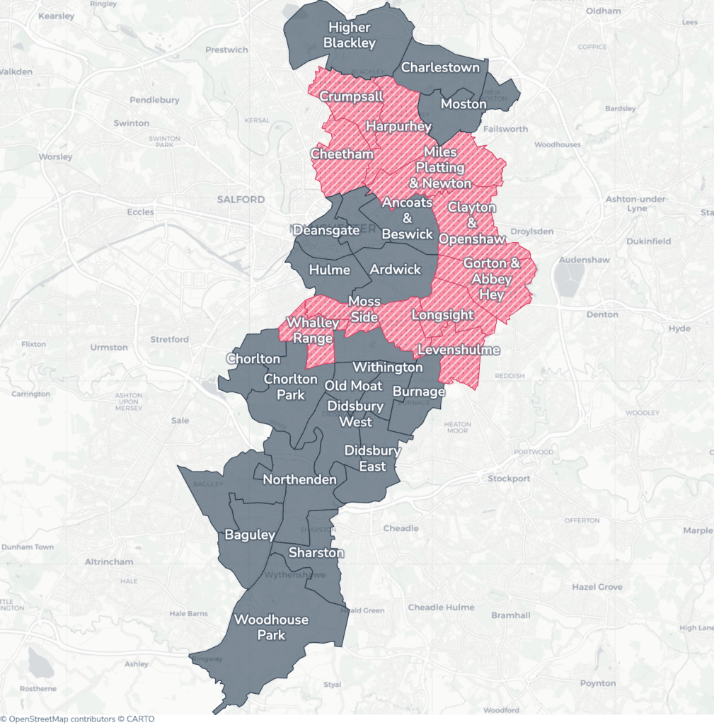 Map of property licensing by ward in Manchester. Selective licensing in 11 of the 32 wards applies now. The remaining wards have mandatory HMO licensing only, which applies nationally to larger shared homes.